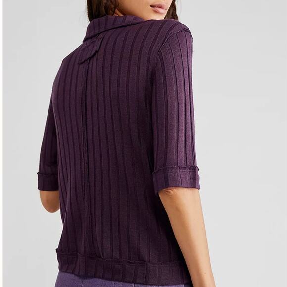 NEW Free People Purple Krystal Ribbed Knit Collar Polo Short Sleeve Top - Picture 3 of 10